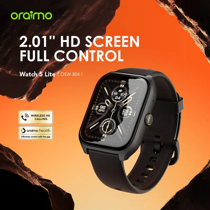 oraimo Watch 5 Lite Jam Tangan Pintar Smartwatch OSW-804 Layar 2.01'' Bluetooth Tahan Lama Tahan Air Debu Layar Monitor Amoled Android Smartwatch Health Watch Jam 100+ Mode Olahraga Large Screen Wireless Call Long Battery Life IP68 Waterproof Dustproof 1