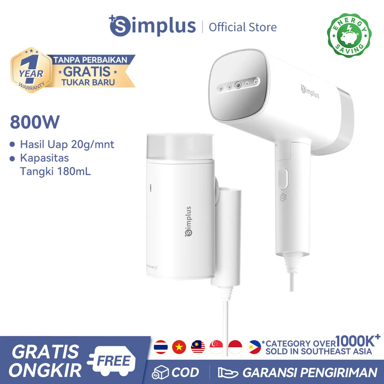 【Special KOL】Simplus Setrika Uap 2-in-1 Low Watt 800W Setrika Uap Genggam Kapasitas 170ml Portable dapat Dilipat Fungsi Ganda Setrika Datar dan Gantung GTJH020KOLPO