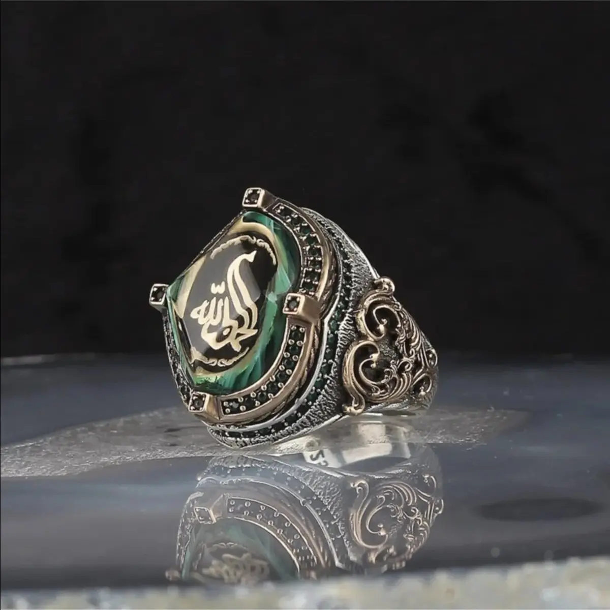 Drop Amber Stone Engraved Men's Ring