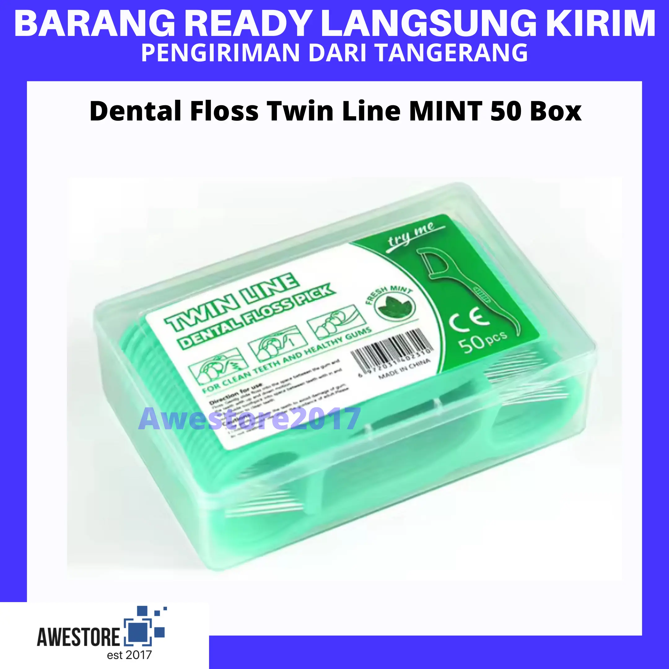 Dental Floss Twin Line Mint Flavor Infused Tusuk Gigi Sela Toothpick Flossing Benang Gigi Box 50pcs Dental Kit Twinline