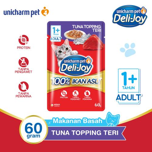 Gambar Deli-Joy Makanan Kucing Basah Pouch Adult Tuna Topping Teri 60g dari UNICHARM PET SHOP Kab. Tangerang Tokopedia