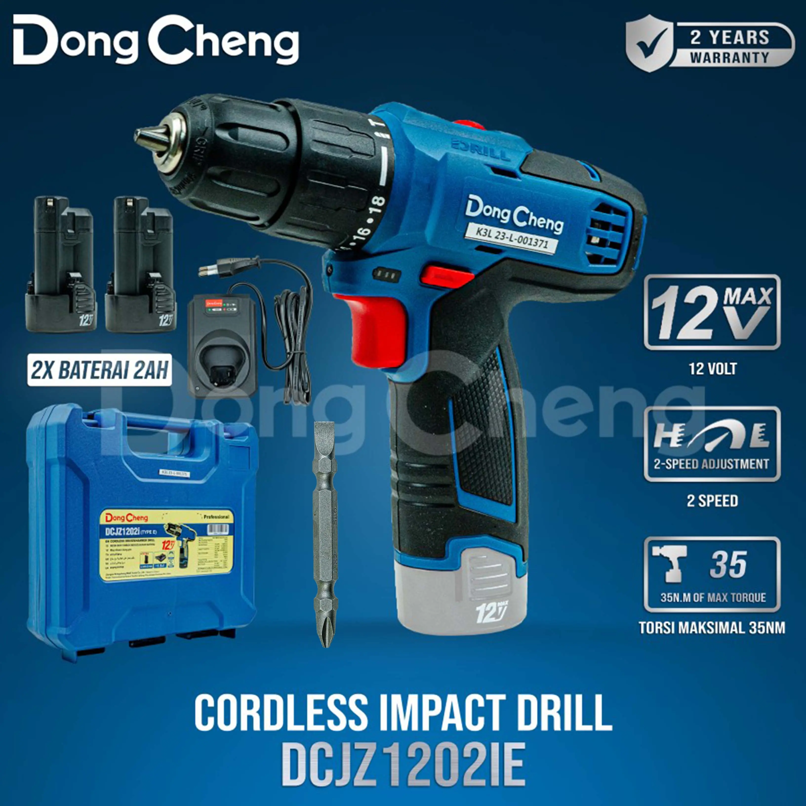 Mesin Bor Beton DongCheng DCJZ1202i E Cordless Impact Drill 12V  DCJZ1202iE 2 Speed 35N.m Torque 2 Baterai 2Ah Charger Box Alat Bor Tanpa Kabel