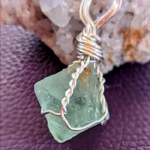 Raw Fluorite Stone Necklace - Wire Wrapped