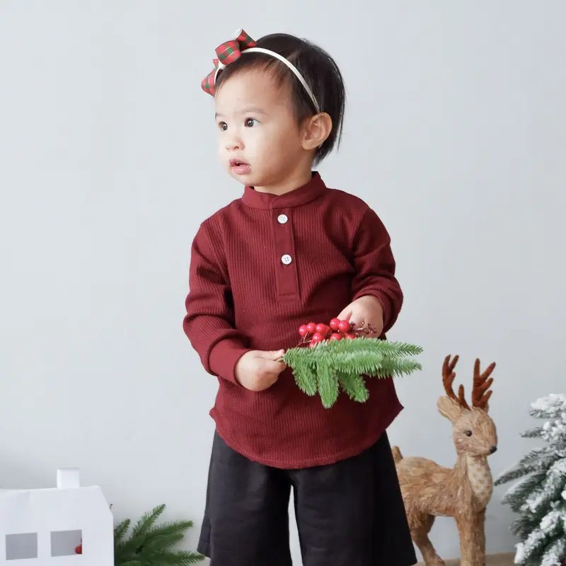Isla Little Smith Waffle Henley Neck T-Shirt Long Sleeve - Pakaian Anak Lengan Panjang Unisex - For Kids - Baju Natal 2