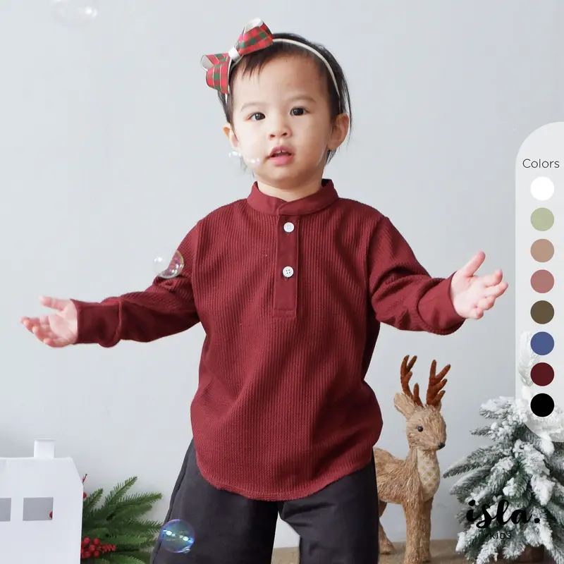 Isla Little Smith Waffle Henley Neck T-Shirt Long Sleeve - Pakaian Anak Lengan Panjang Unisex - For Kids - Baju Natal 0