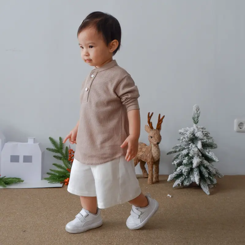 Isla Little Smith Waffle Henley Neck T-Shirt Long Sleeve - Pakaian Anak Lengan Panjang Unisex - For Kids - Baju Natal 6