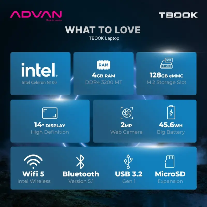 ADVAN T-BOOK INTEL N100 TURBO BOOST 3.40GHZ 4GB/8GB 128emmc W11 14" HD IPS 1Y 6