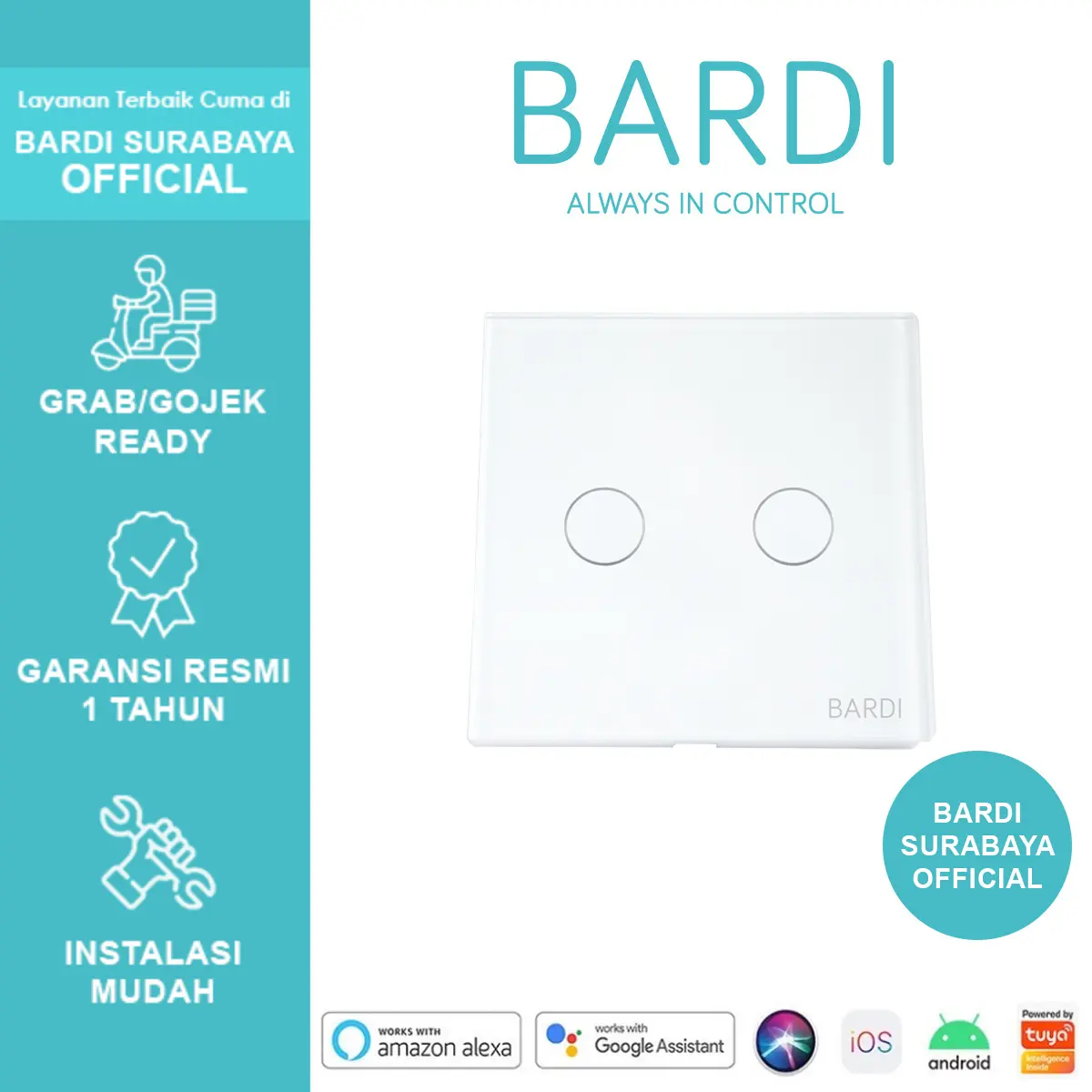 BARDI Smart Wall Switch 2 Gang Saklar Sentuh Touch Wifi Automatis IoT