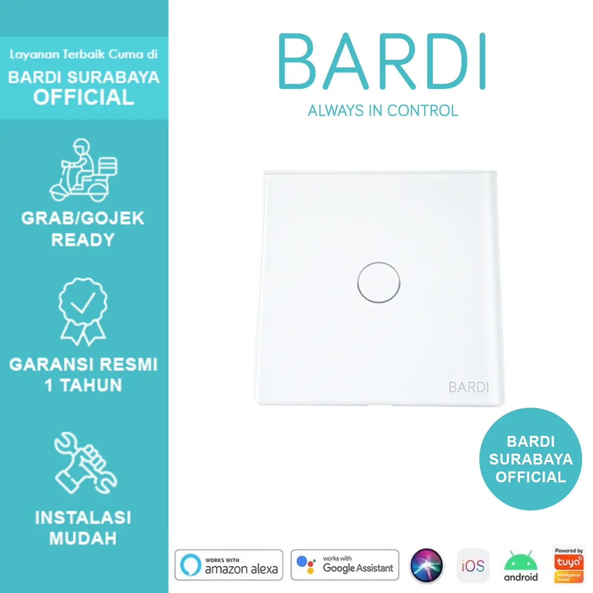BARDI Smart Wall Switch 1 Gang Saklar Sentuh Touch Wifi Timer IoT
