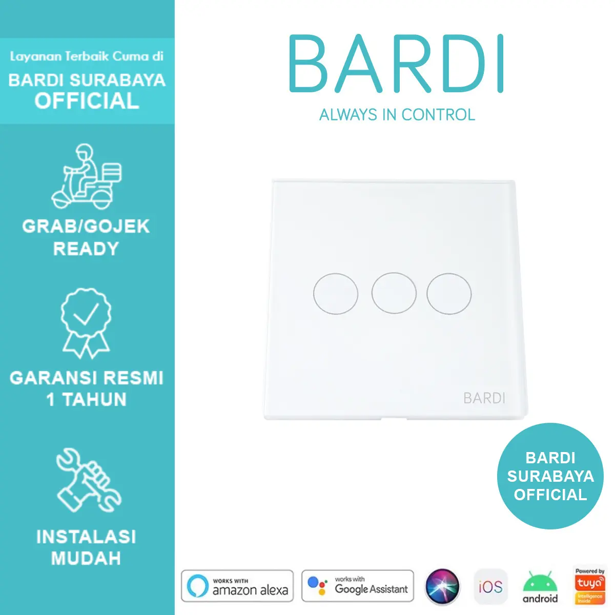 BARDI Smart Wall Switch 3 Gang Saklar Sentuh Touch Wifi Otomatis IoT
