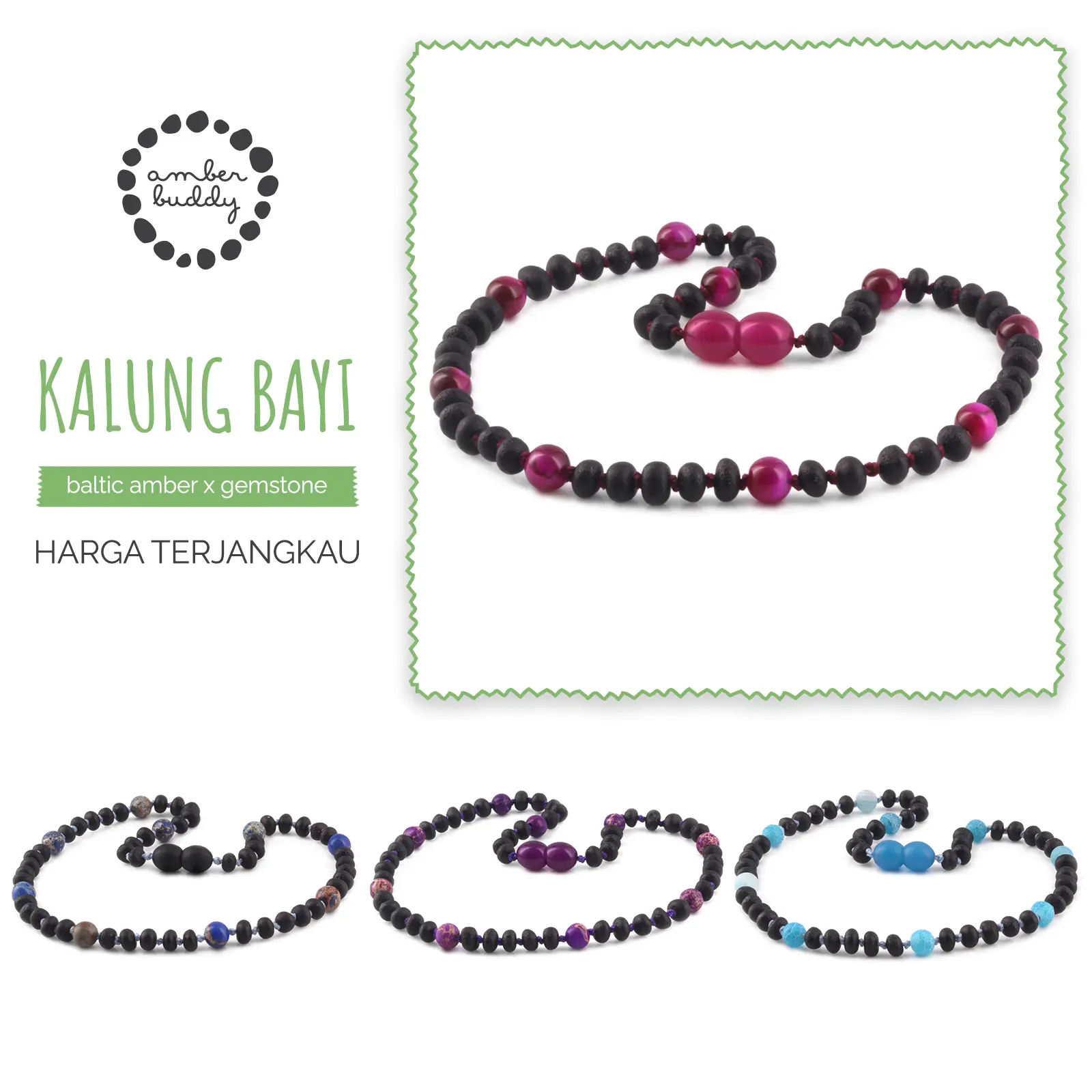 Kalung amber Gem Collection untuk bayi, [ Roundel black x Gems ]