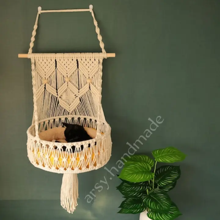 Ayunan Kucing Macrame, Macrame Cat Hammock 07, Hiasan Dinding Macrame