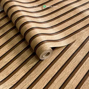 Wallpaper Stiker Dinding Motif Salur Panel Serat Kayu Coklat Anti Air Kamar Pvc