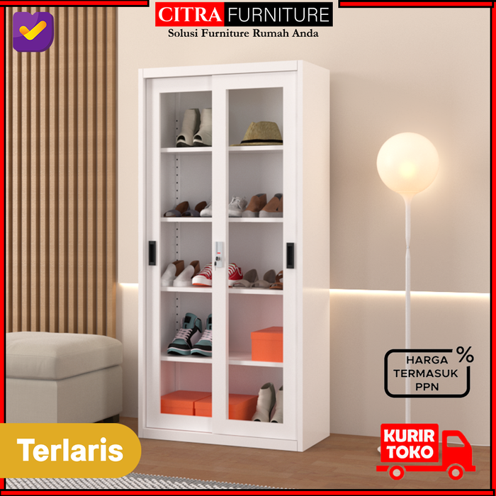 Gambar SHUMO Lemari Kabinet Rak Sepatu Besi Sliding Kaca Minimalis white dari Citra furniture Kota Administrasi Jakarta Pusat Tokopedia