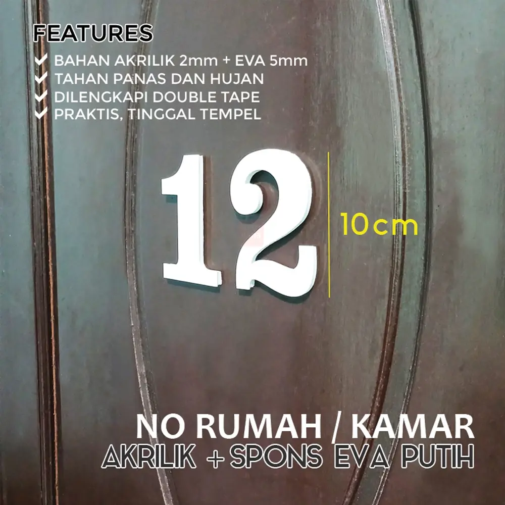 Nomer Rumah Akrilik Timbul 3D Warna Putih Dilengkapi Double Tape