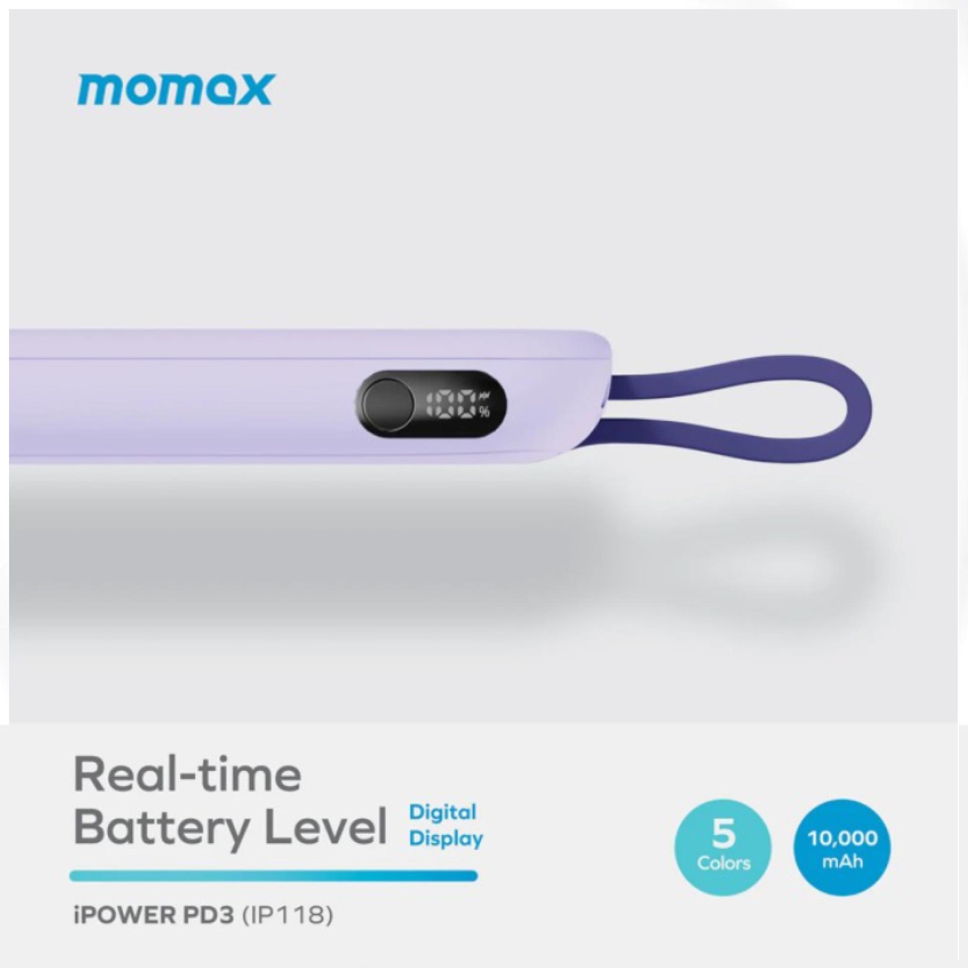 Momax Powerbank Built-in Kabel Charger USB C 10000mAh iPower PD 3 - Black IP118D