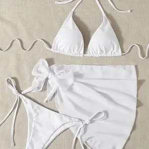 OLIVE white bikini set + skirt outer baju renang wanita beachwear