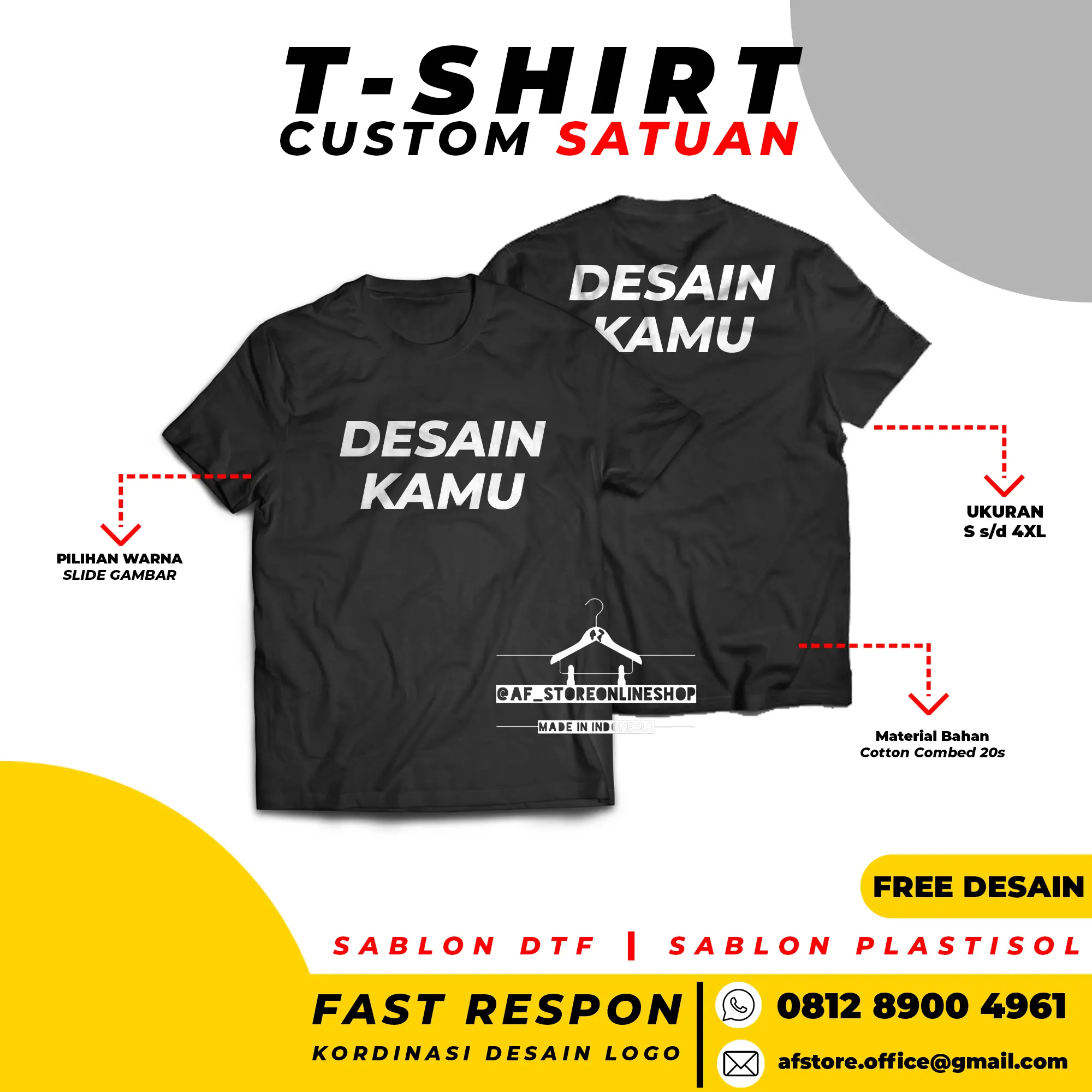 KAOS Combed 20s CUSTOM DESIGN BEBAS LOGO GAMBAR TULISAN UNISEX Sablon