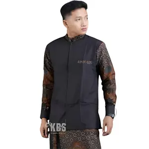 Kemeja Koko Muslim Pria Lengan Panjang Lapis Furing Batik Parisogan Hitam Kain Katun Motif