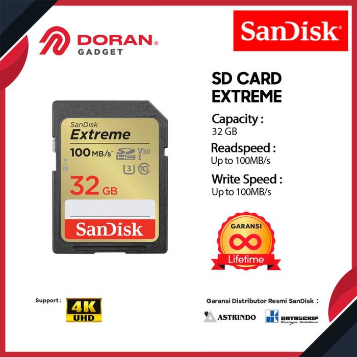 Gambar SD Card 32GB SanDisk Extreme UHS-I 4K U3 up to 100Mbps - Garansi Resmi dari Doran Authorized Store Kota Makassar Tokopedia