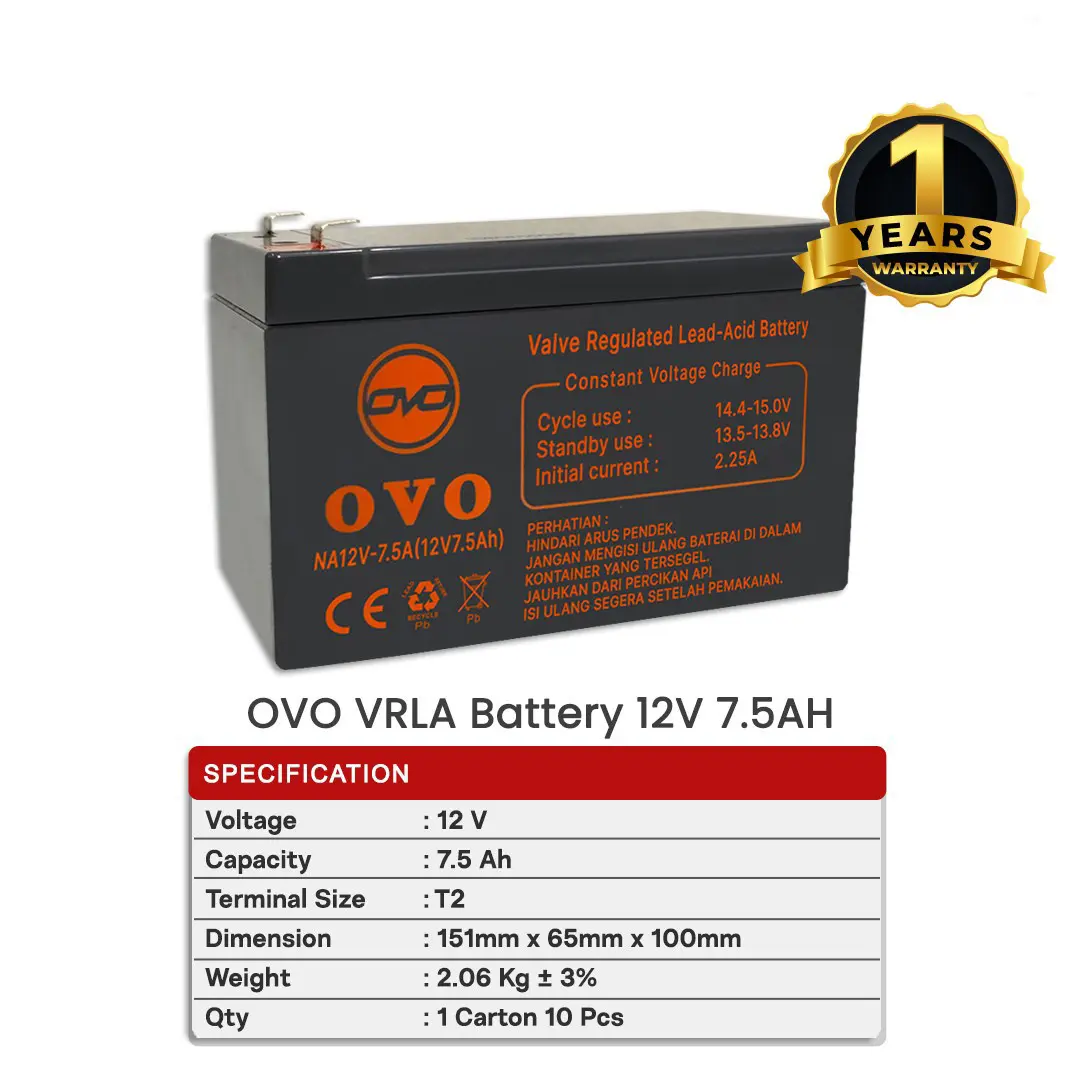 Baterai UPS OVO 12V 7.5AH VRLA NA12V-7.5A