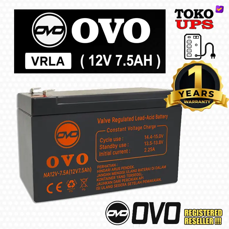 Baterai UPS OVO 12V 7.5AH VRLA NA12V-7.5A