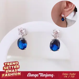 ANTING TINDIK BLUE SAPPHIRE C - EMAS 17K - BUNGA TANJUNG GOLD