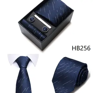 Dasi Set cufflink Manset dan Pocket Square salur biru
