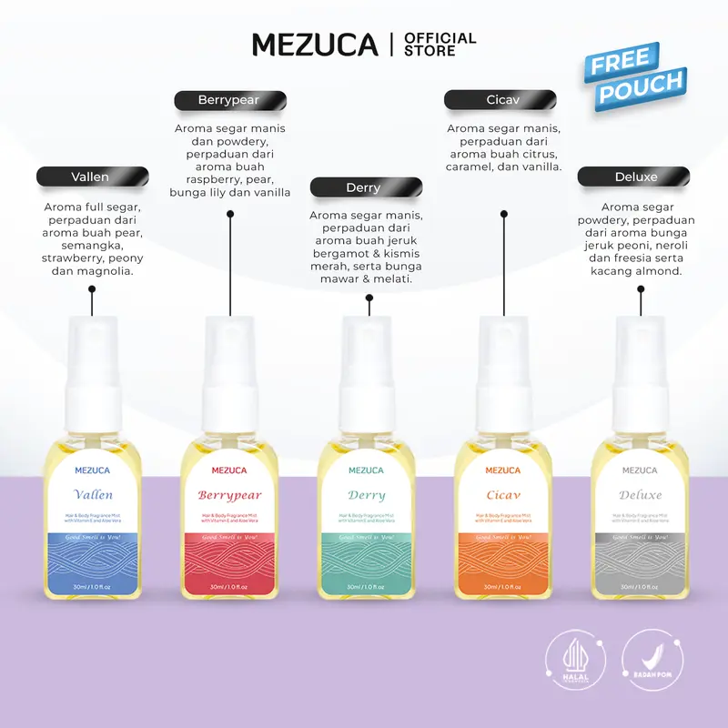 [Dapat 5 Botol] Parfum Hair & Body Fragrance Mist Mezuca 30mL with Vitamin E and Aloe Vera BPOM 2