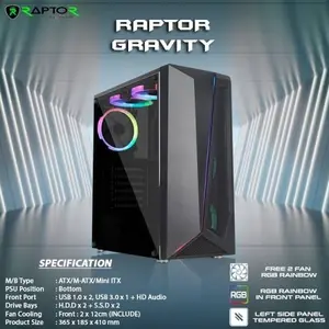 Casing Pc Gaming Raptor Gravity Case Mid Tower ATX Free 2 Fan RGB