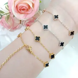 Gelang Rantai Tangan Titanium Wanita Clover Mata Hitam Kecil Bolak Bal