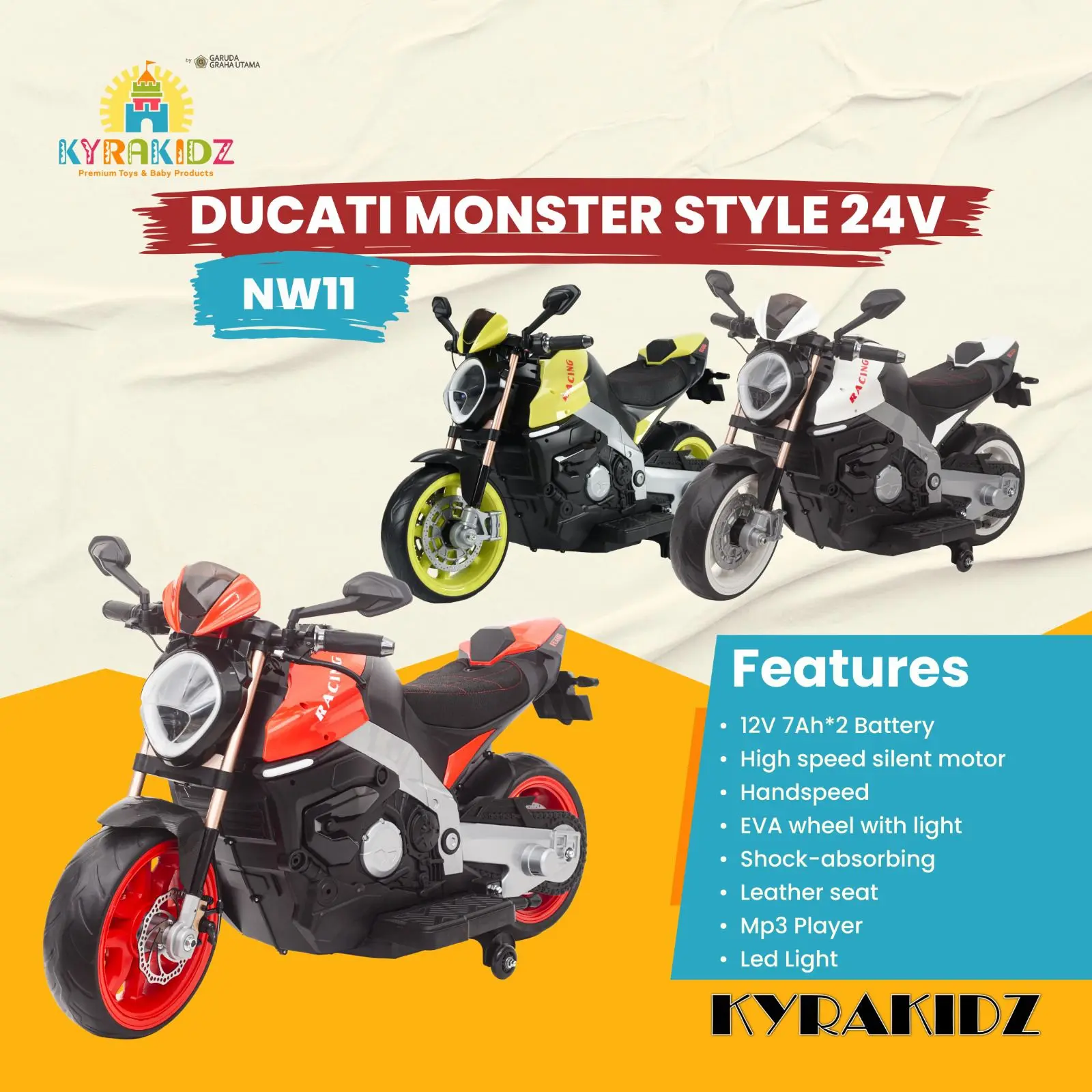 Mainan Anak Motor Aki Ducati Monster Style 24V NW 11 Kyrakidz
