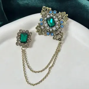 Ecru Premium Handmade Unique Crystal Emerald Chain Brooch bros Pin