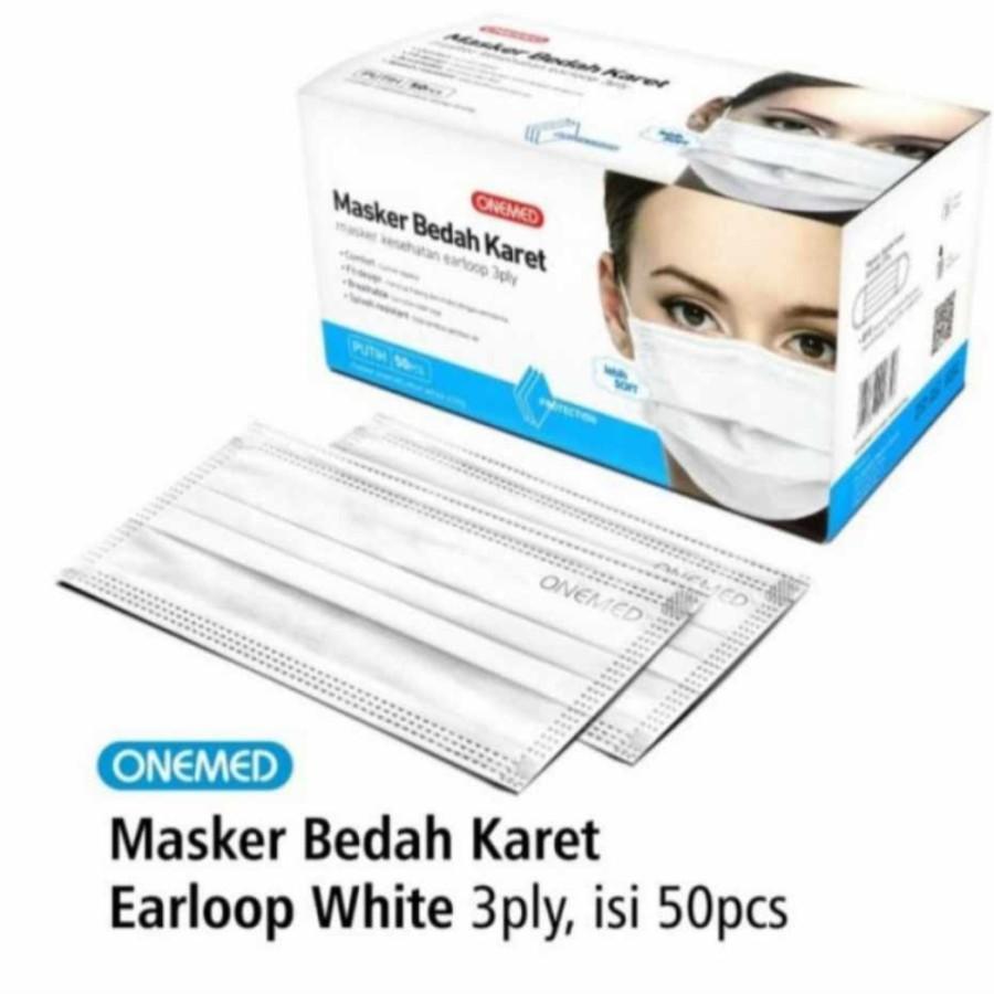 Masker Earloop Medis 3ply Onemed Warna Putih / Masker Cantol Warna Putih Om