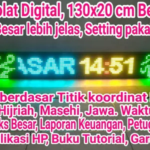 jam sholat berwarna, 130x20 cm, tulisan besar, setting pakai wifi HP