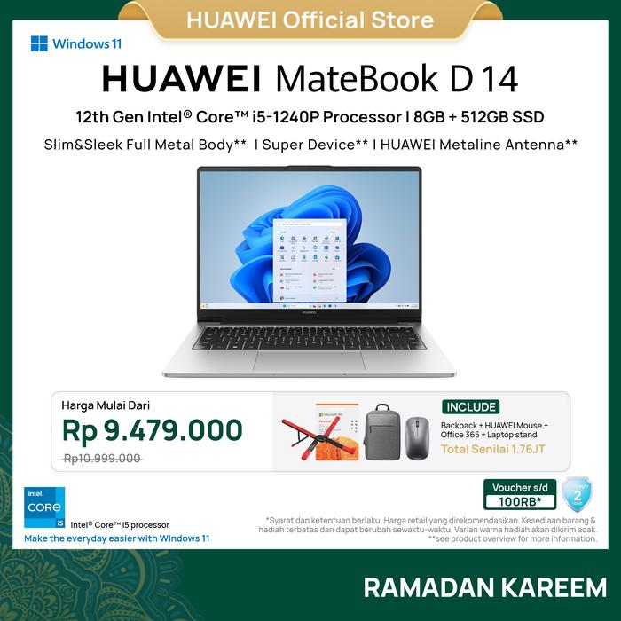 Gambar HUAWEI MateBook D 14 i5-1240P 8+512GB SSD | Sleek Full Metal Body - Mystic Silver dari Huawei Indonesia Kota Tangerang Tokopedia