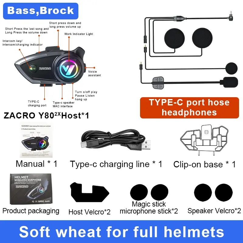 ZACRO Y80 2x Intercom Helm Bluetooth Chip Qualcomm Waterproof IPX6 8