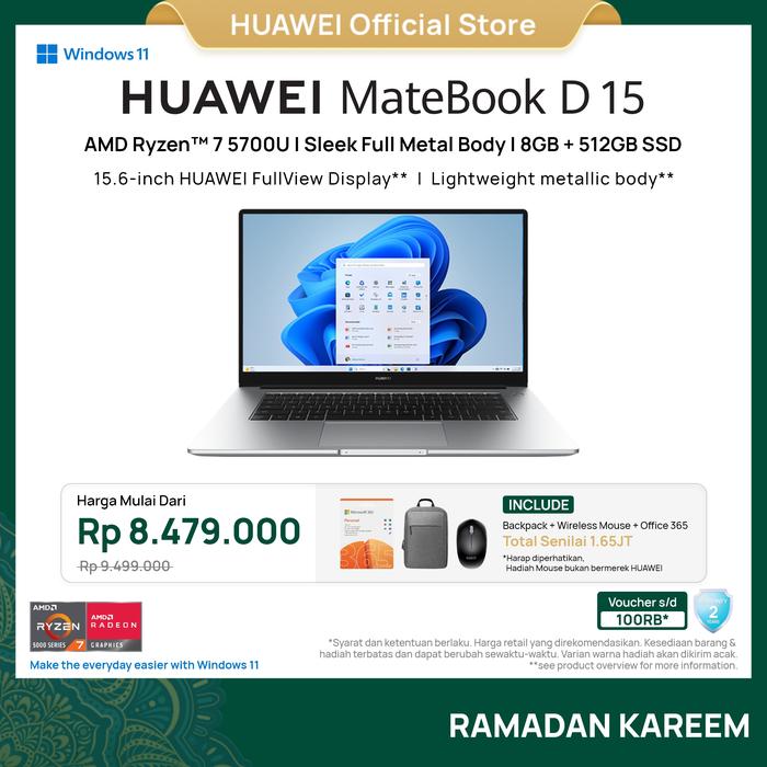 Gambar HUAWEI MateBook D 15 AMD Ryzen 7 5700U 8+512GB SSD Sleek Metal Body - Mystic Silver dari Huawei Indonesia Kota Tangerang Tokopedia