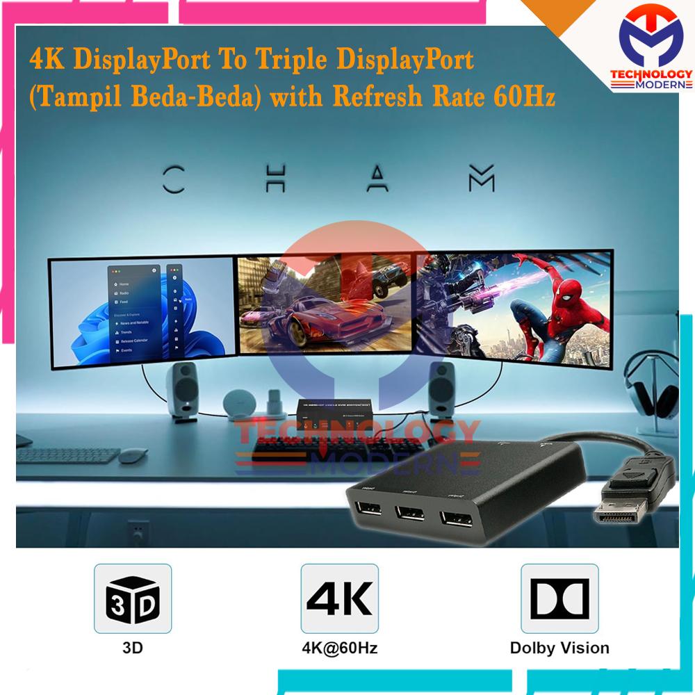 4K Multi Monitor Extend DisplayPort to Triple DisplayPort (Tampil beda beda untuk 3 monitor tambahan)