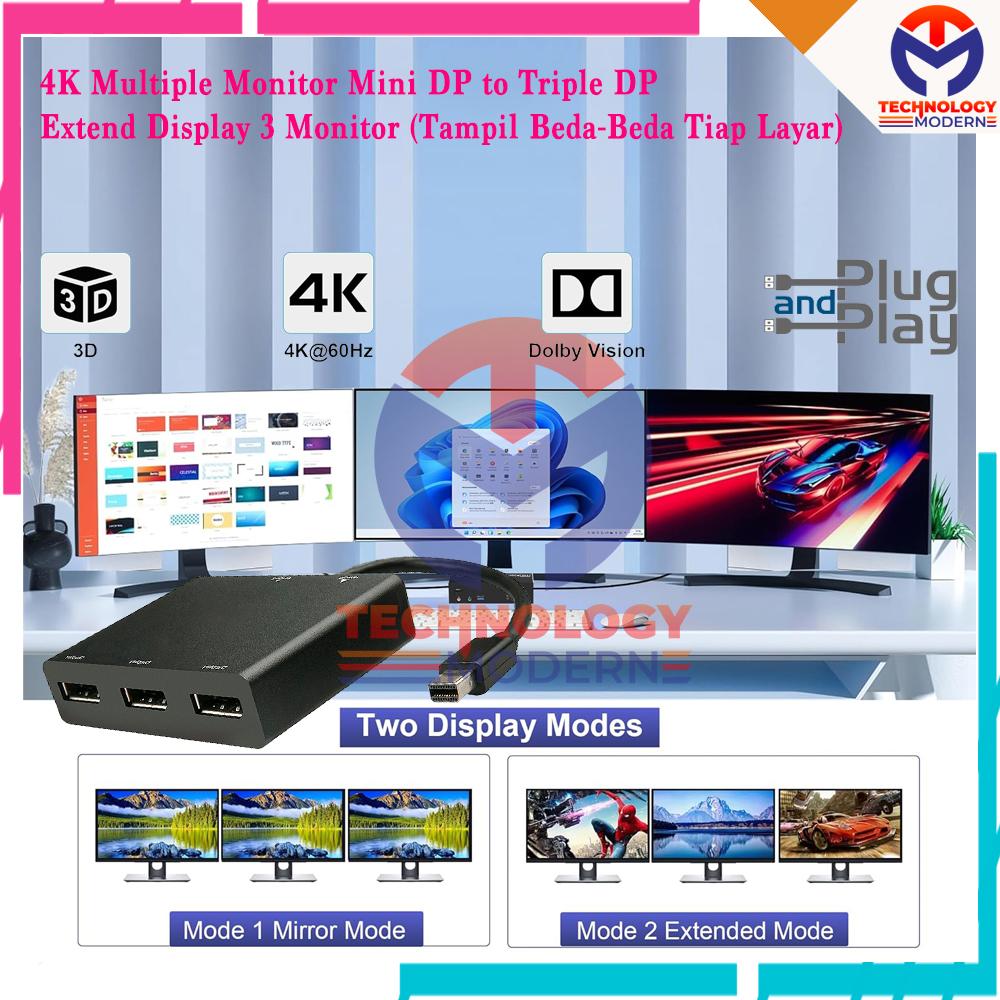 4K Multiple Monitor Extend Display 1 PC untuk 3 TV (Tampil Beda Beda) Mini DisplayPort to Triple DisplayPort