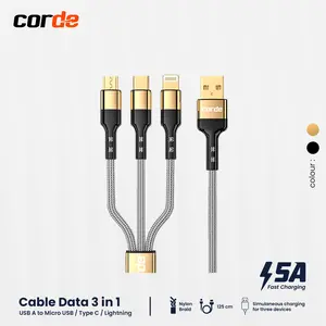 Kabel Data CORDE 3 in 1 Fast Charging 5A Type C Micro USB Lightning Cable Charger Hitam Panjang 1.25m