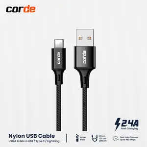 CORDE Kabel Data Type C Fast Charging 2.4A: Cable Charger Micro USB & Kabel iPhone/Lightning Panjang 0.25M 1M 2M