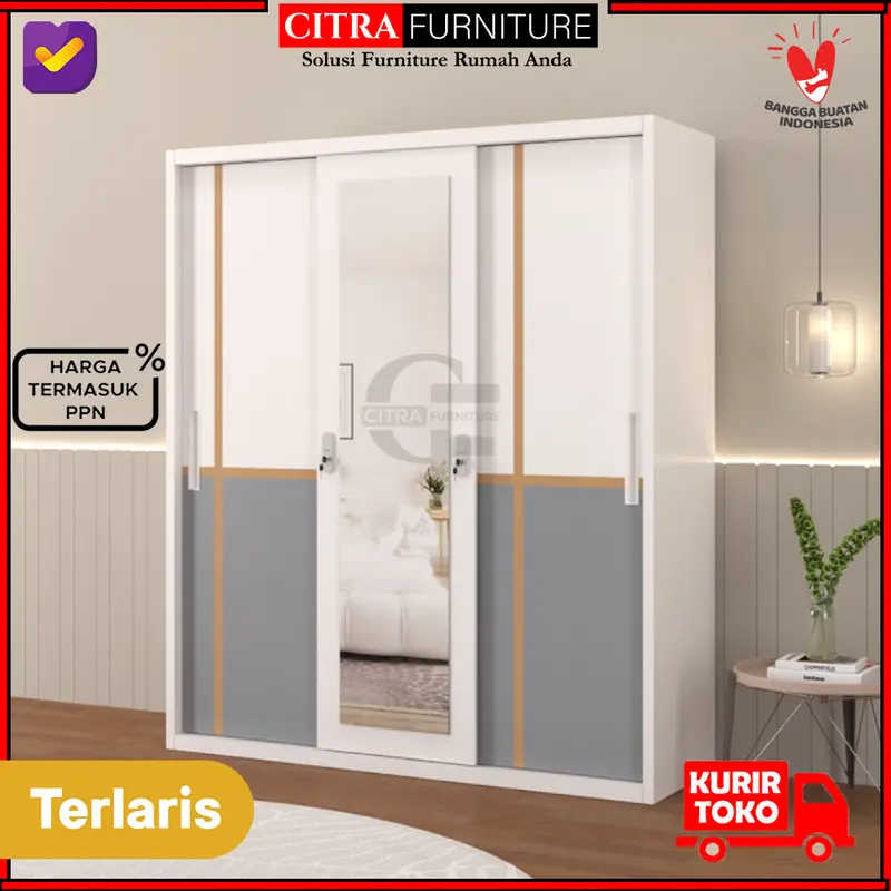 Lemari Baju Pakaian Besi 3 Pintu Jumbo Sliding Minimalis 6