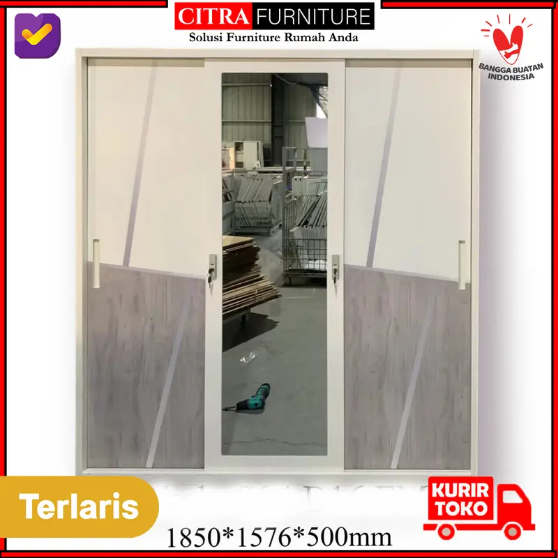 Lemari Baju Pakaian Besi 3 Pintu Jumbo Sliding Minimalis 5