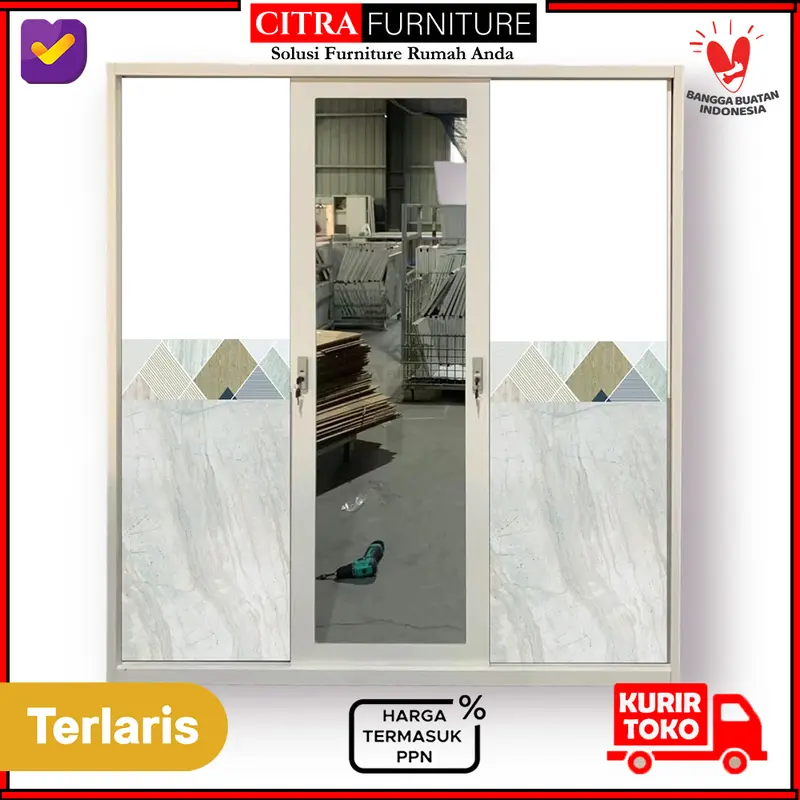 Lemari Baju Pakaian Besi 3 Pintu Jumbo Sliding Minimalis 4