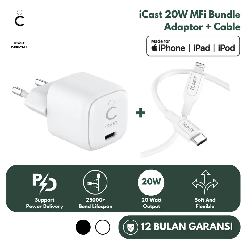 Charger iPhone 20W MFi Fast Charging iCast Mini Adaptor 20W Lightning 1