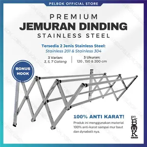 PELBOK Premium Stainless Jemuran Baju Dinding Lipat 200 cm Anti Karat