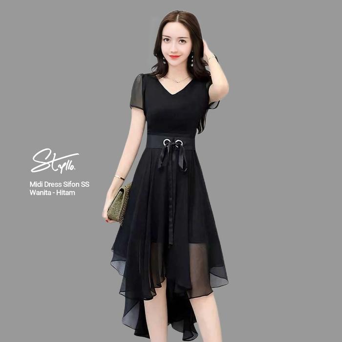 Midi Dress Korea Lengan Pendek Wanita Layer Sifon Asimetri Moody Hitam dres  kaos Cantik - Hitam, M/L di Styllo. | Tokopedia