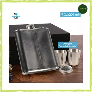 Botol Whiskey Hip Flask Stainless Leather 7Oz with Shot Glass