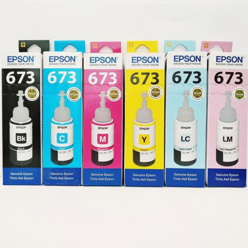 TINTA PRINTER EPSON 673/T673/T6731/ T6732/T6733/T6734/T6735/T6736 BLACK CYAN MAGENTA YELLOW LIGHT CYAN LIGHT MAGENTA HITAM BIRU MERAH KUNING MUDA BK C M Y LC LM ORIGINAL L805 L800 L850 L1800
